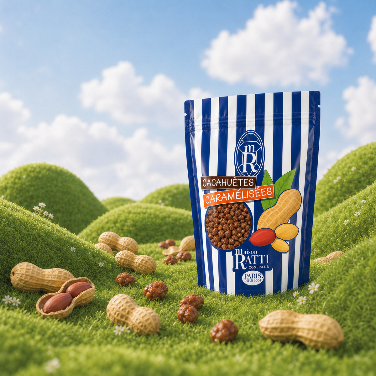 Chouchou cacahuète de Maison Ratti, en scène sur fond naturel