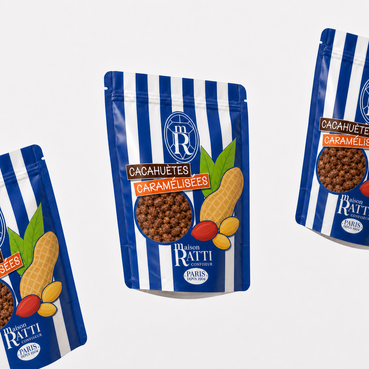 Chouchou cacahuète de Maison Ratti, sachets en scène
