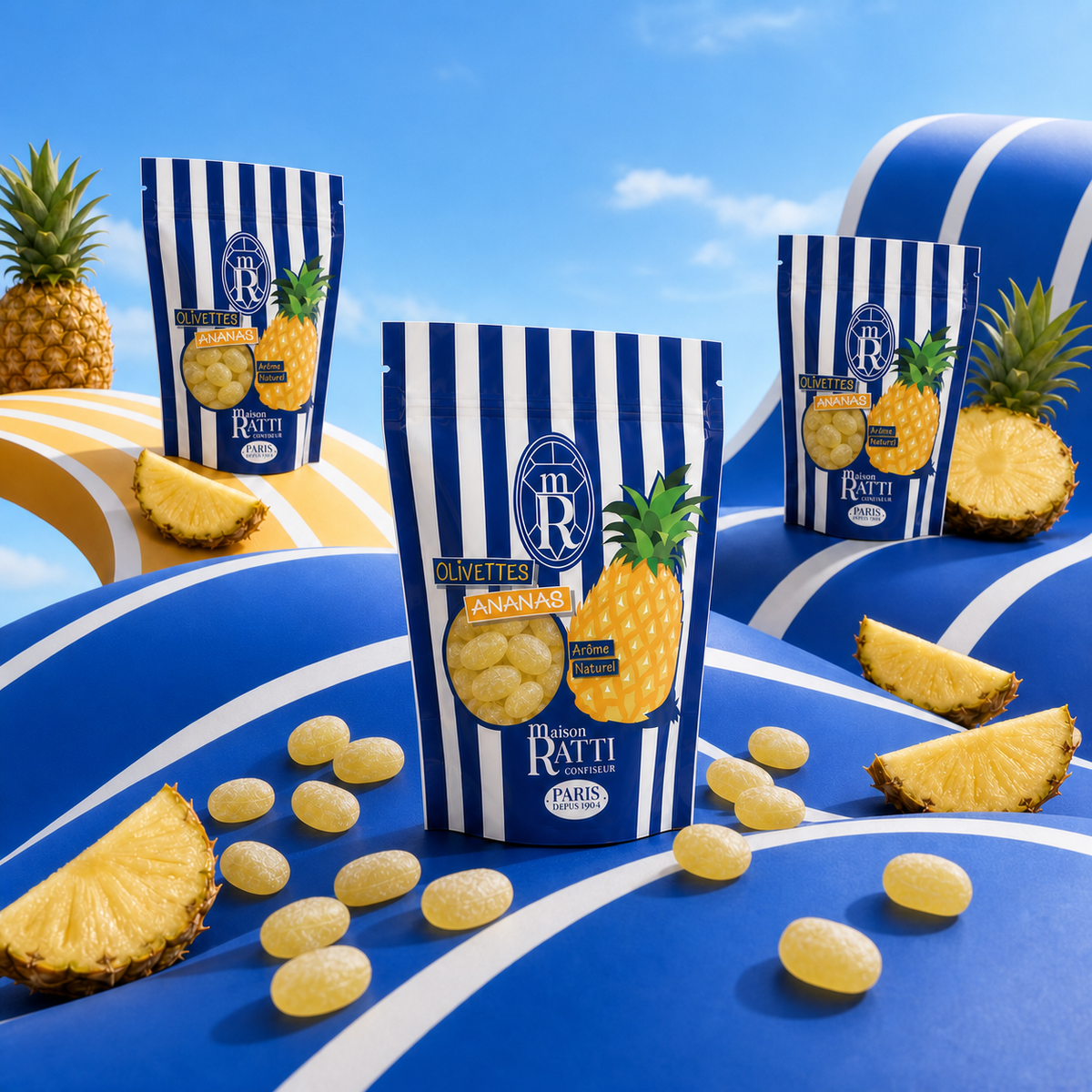 Olivette ananas de Maison Ratti, en scène sur fond bleu