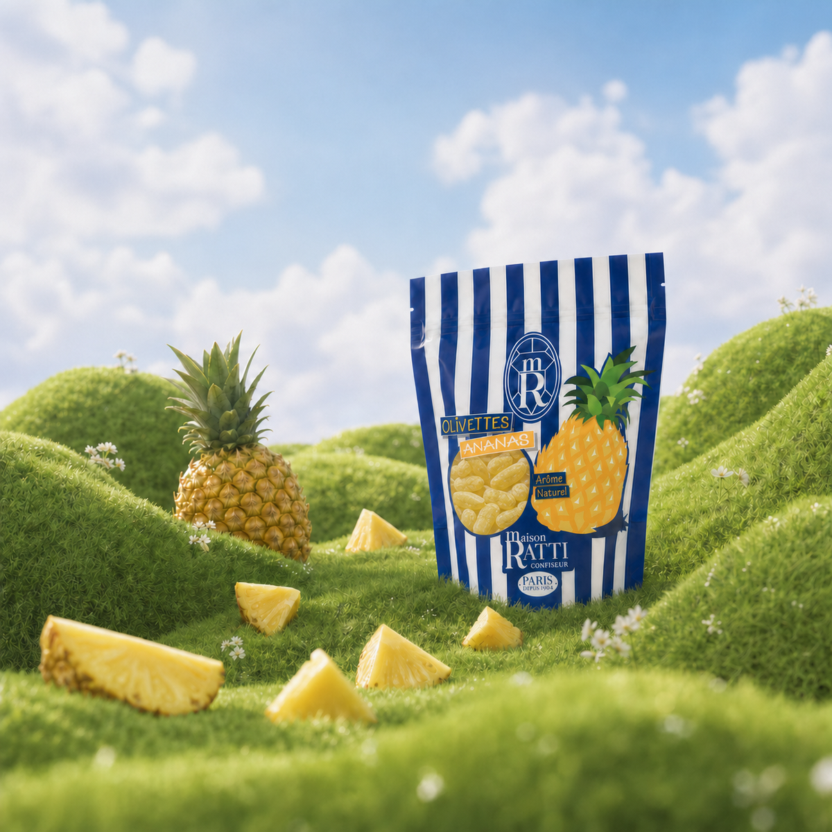 Olivette ananas de Maison Ratti, en scène sur fond naturel