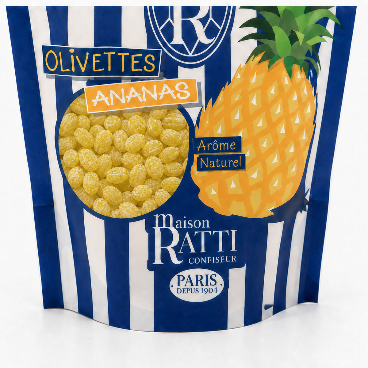 Olivette ananas de Maison Ratti, gros plan sur la fenêtre du sachet