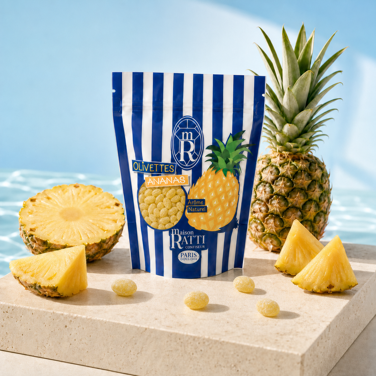 Olivette ananas de Maison Ratti, en scène sur socle lumineux
