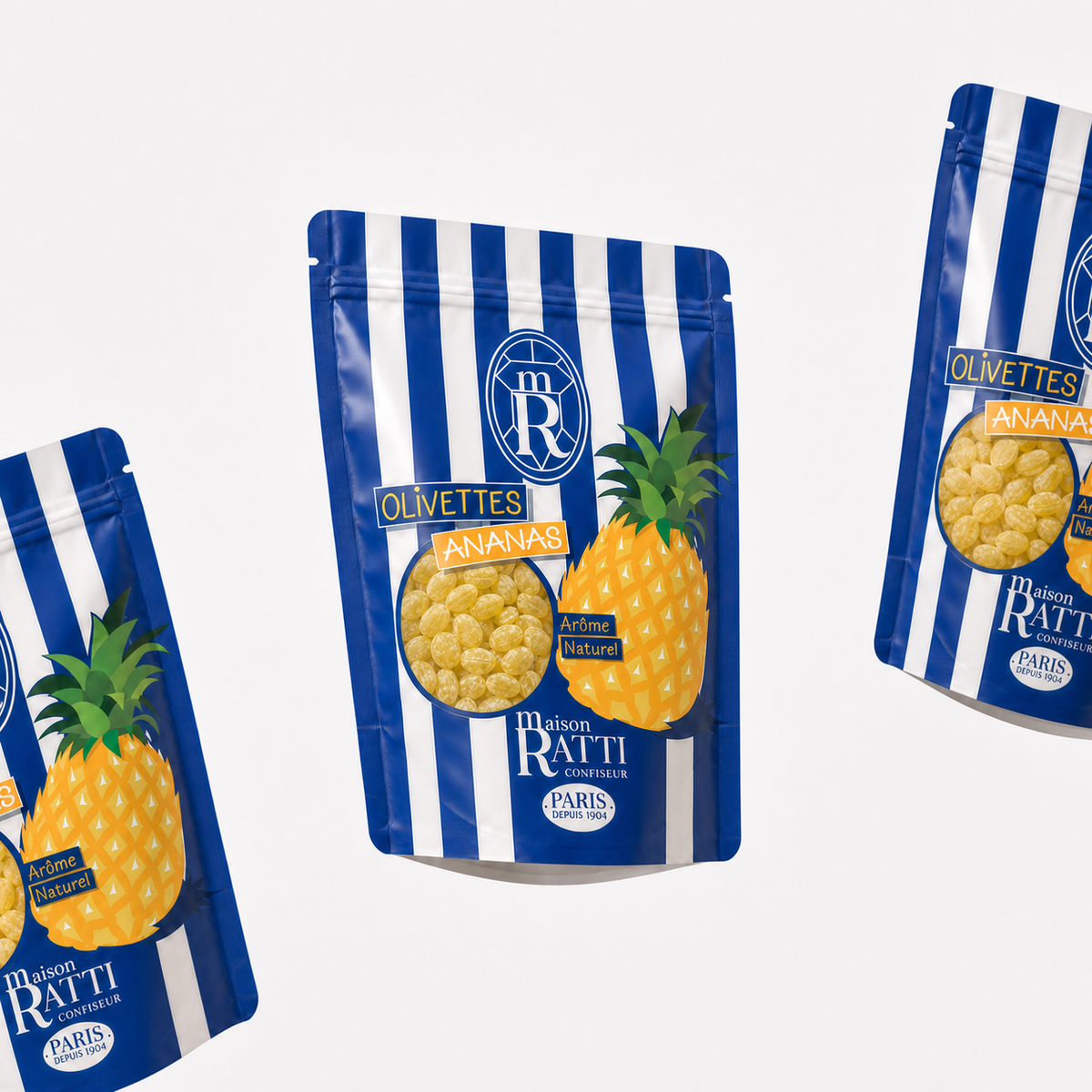 Olivette ananas de Maison Ratti, sachets en scène