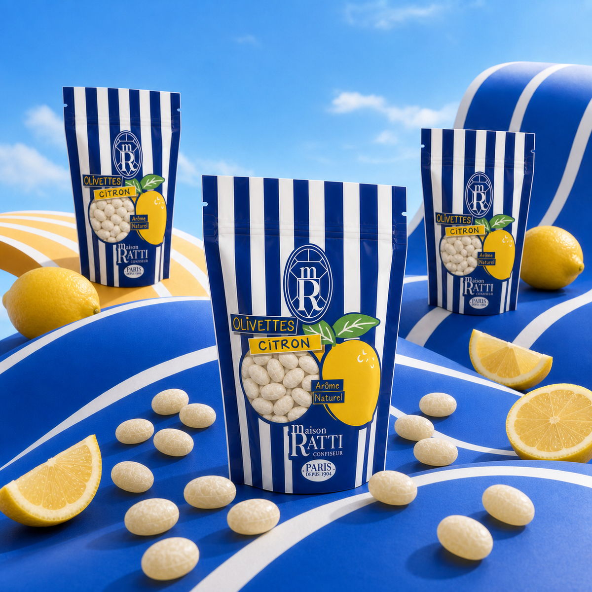Olivette citron de Maison Ratti, en scène sur fond bleu