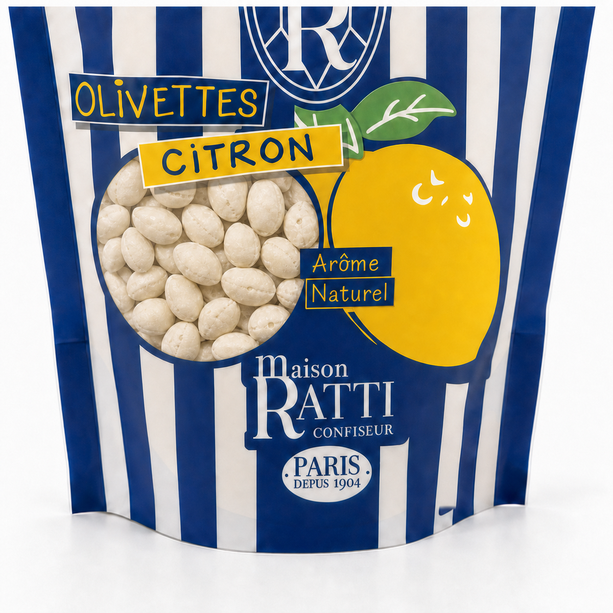 Olivette citron de Maison Ratti, gros plan sur la fenêtre du sachet