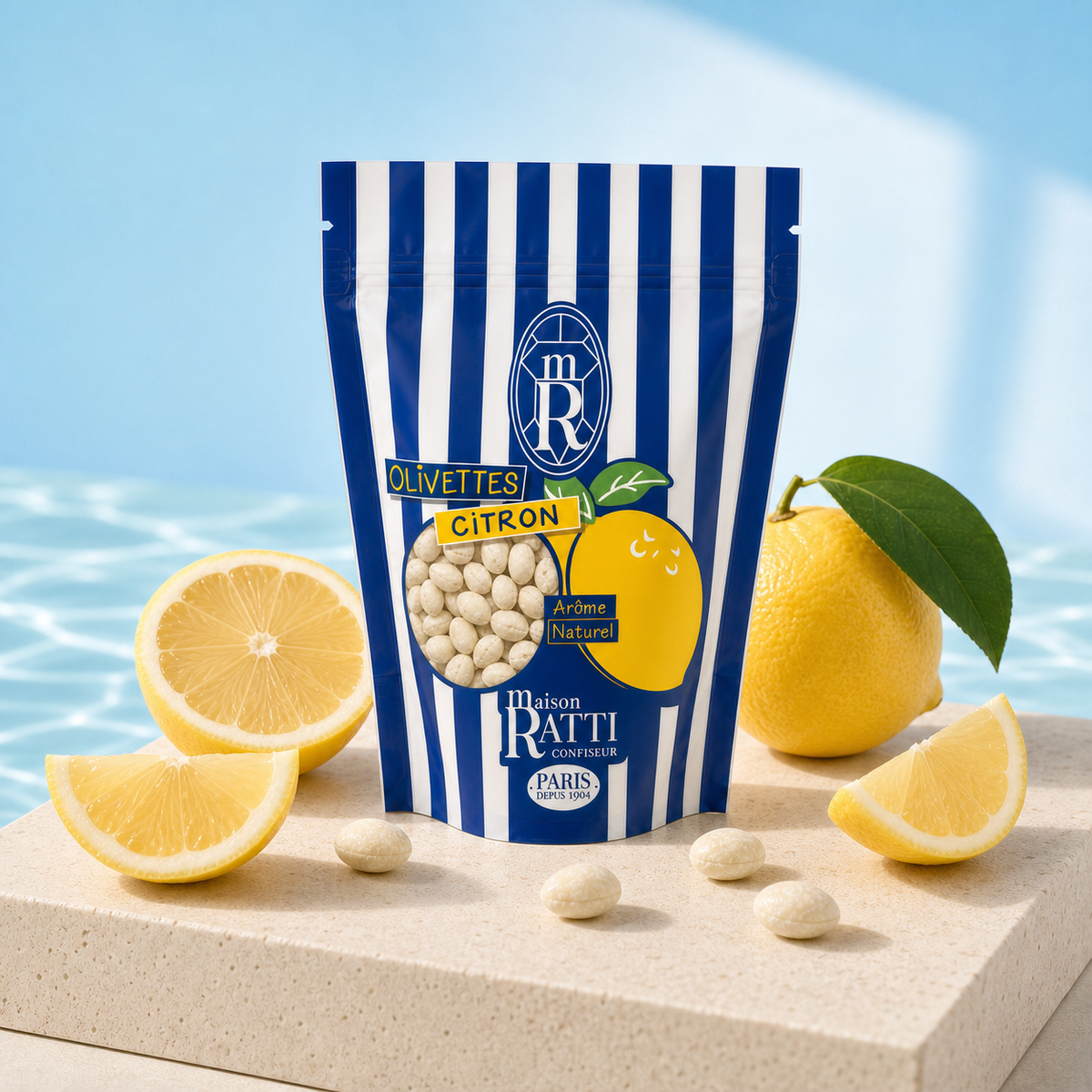 Olivette citron de Maison Ratti, en scène sur socle lumineux