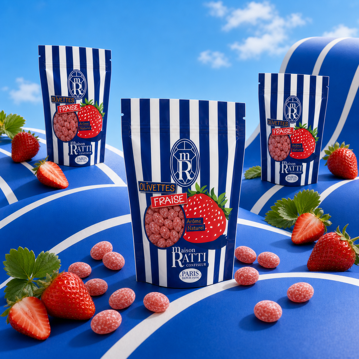 Olivette fraise de Maison Ratti, en scène sur fond bleu