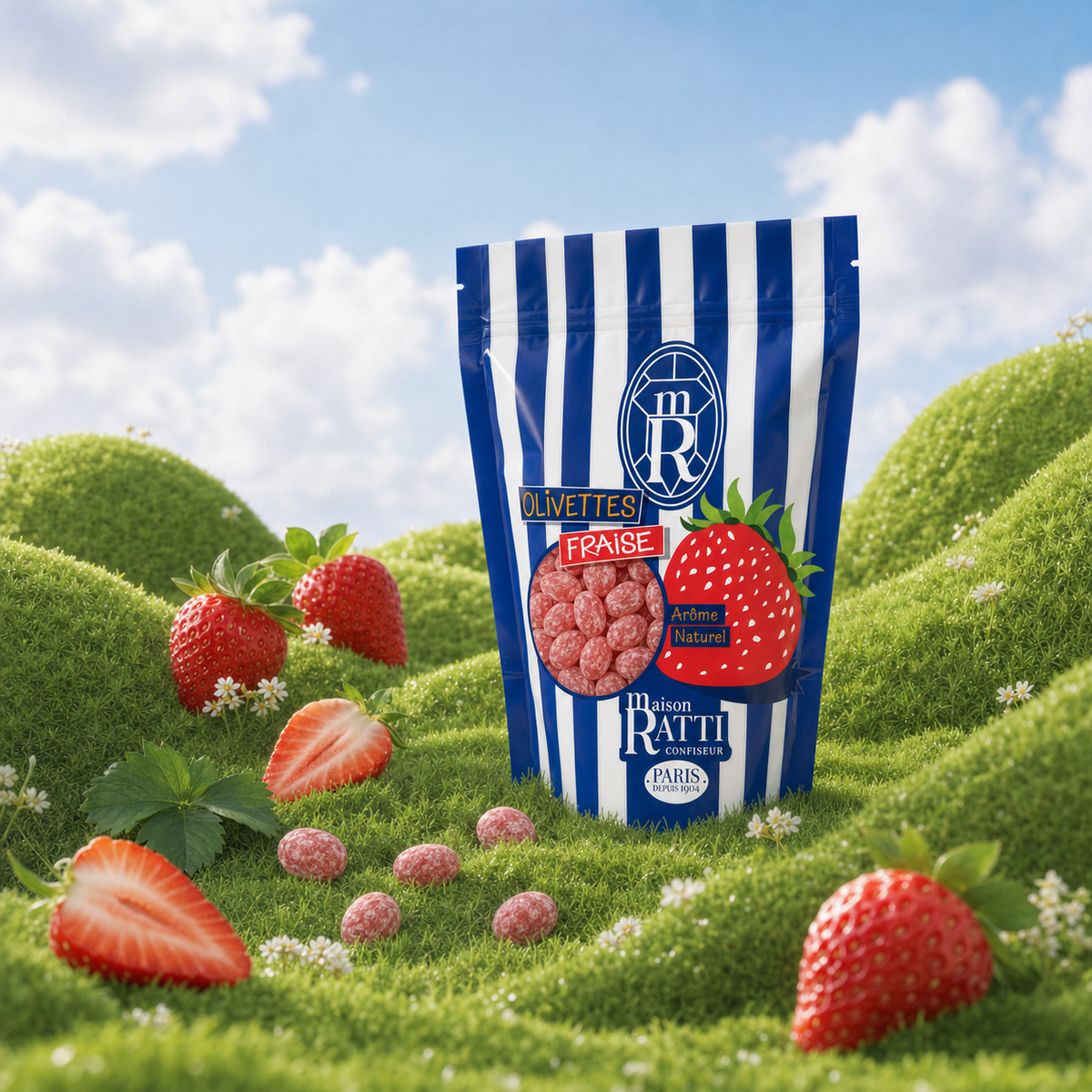 Olivette fraise de Maison Ratti, en scène sur fond naturel
