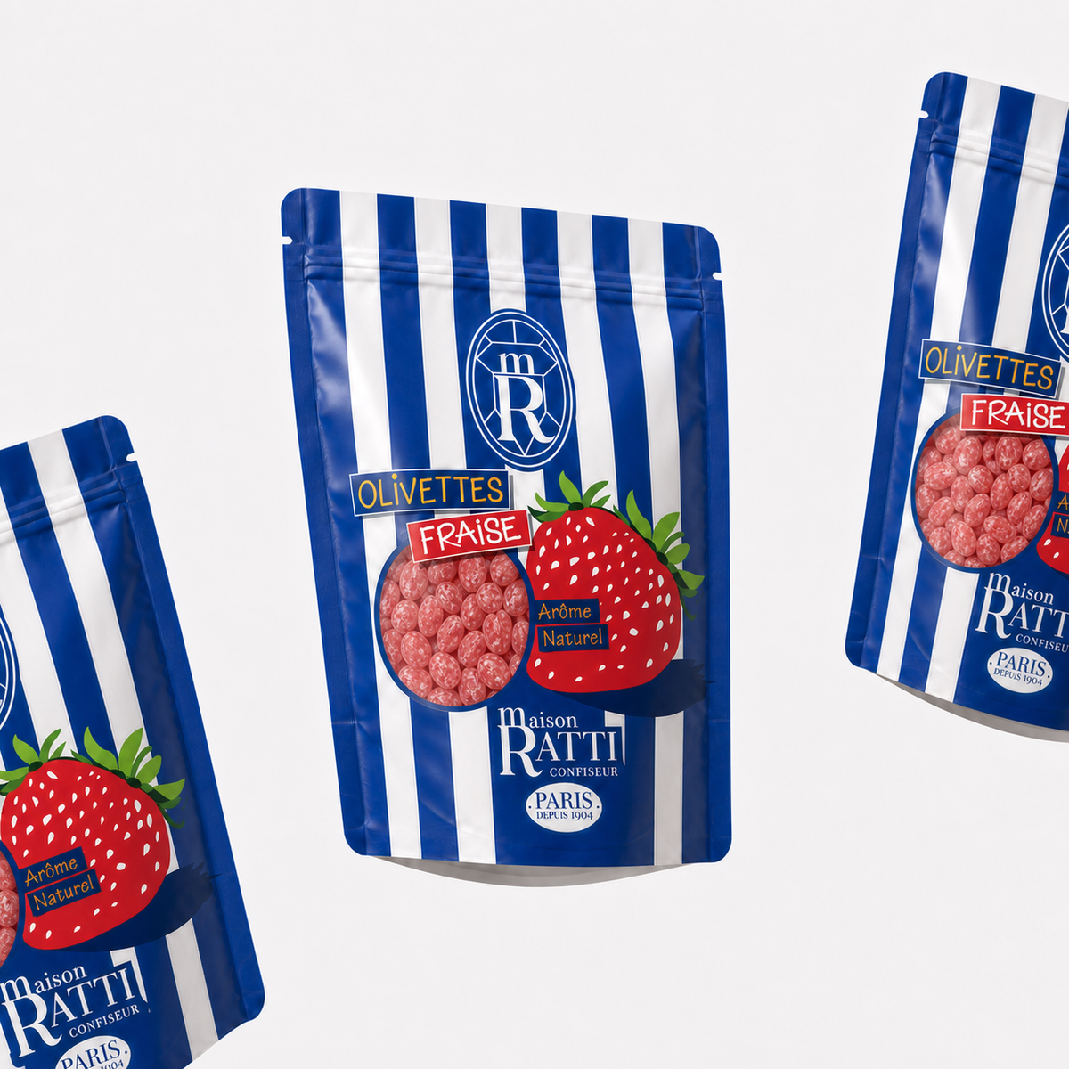 Olivette fraise de Maison Ratti, sachets en scène