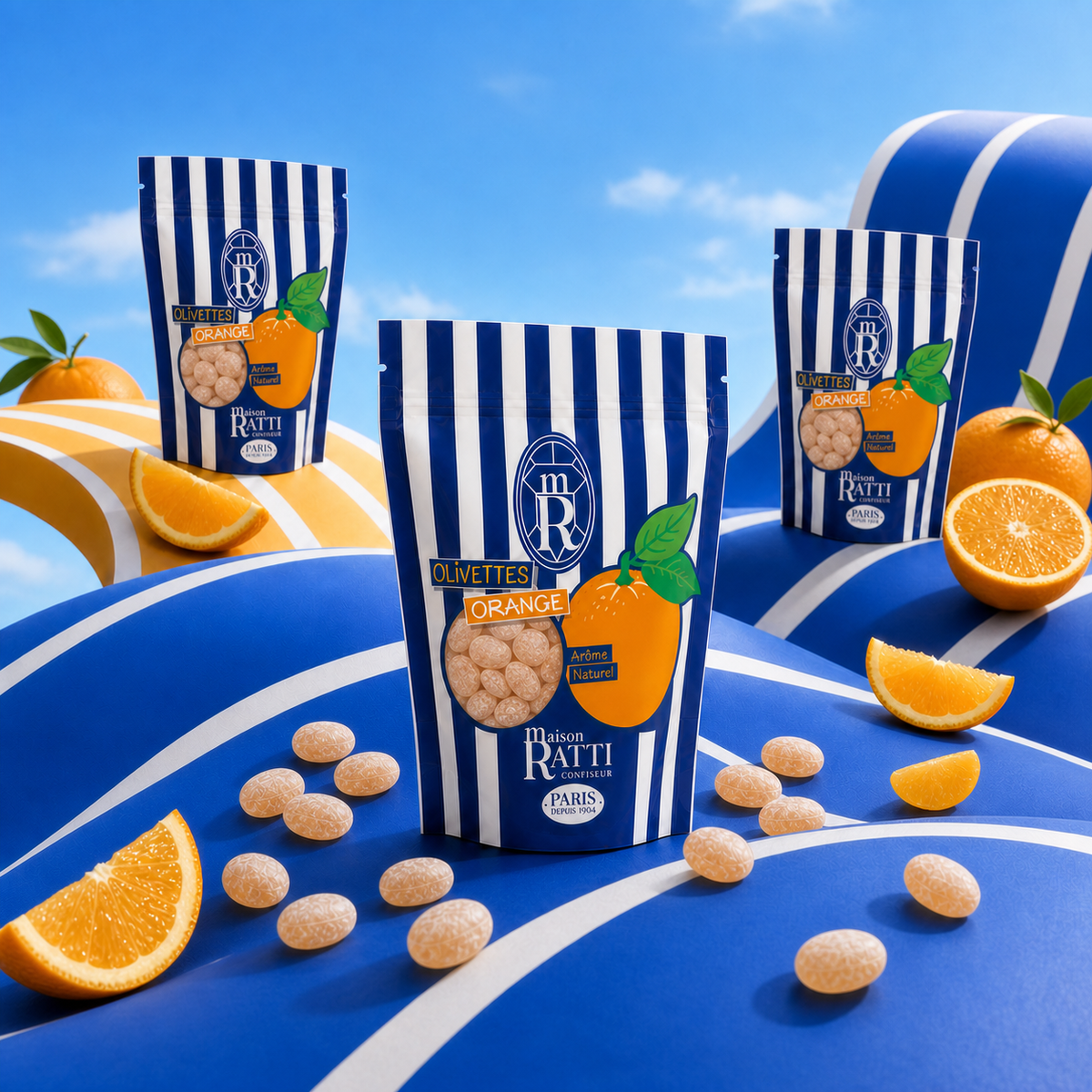 Olivette orange de Maison Ratti, en scène sur fond bleu
