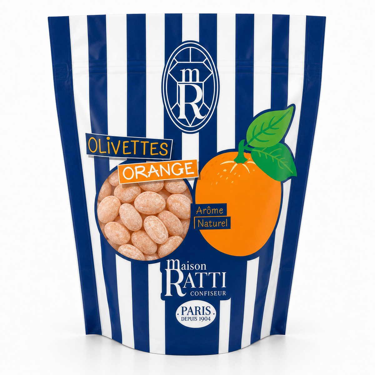 Olivette orange de Maison Ratti, gros plan sur la fenêtre du sachet