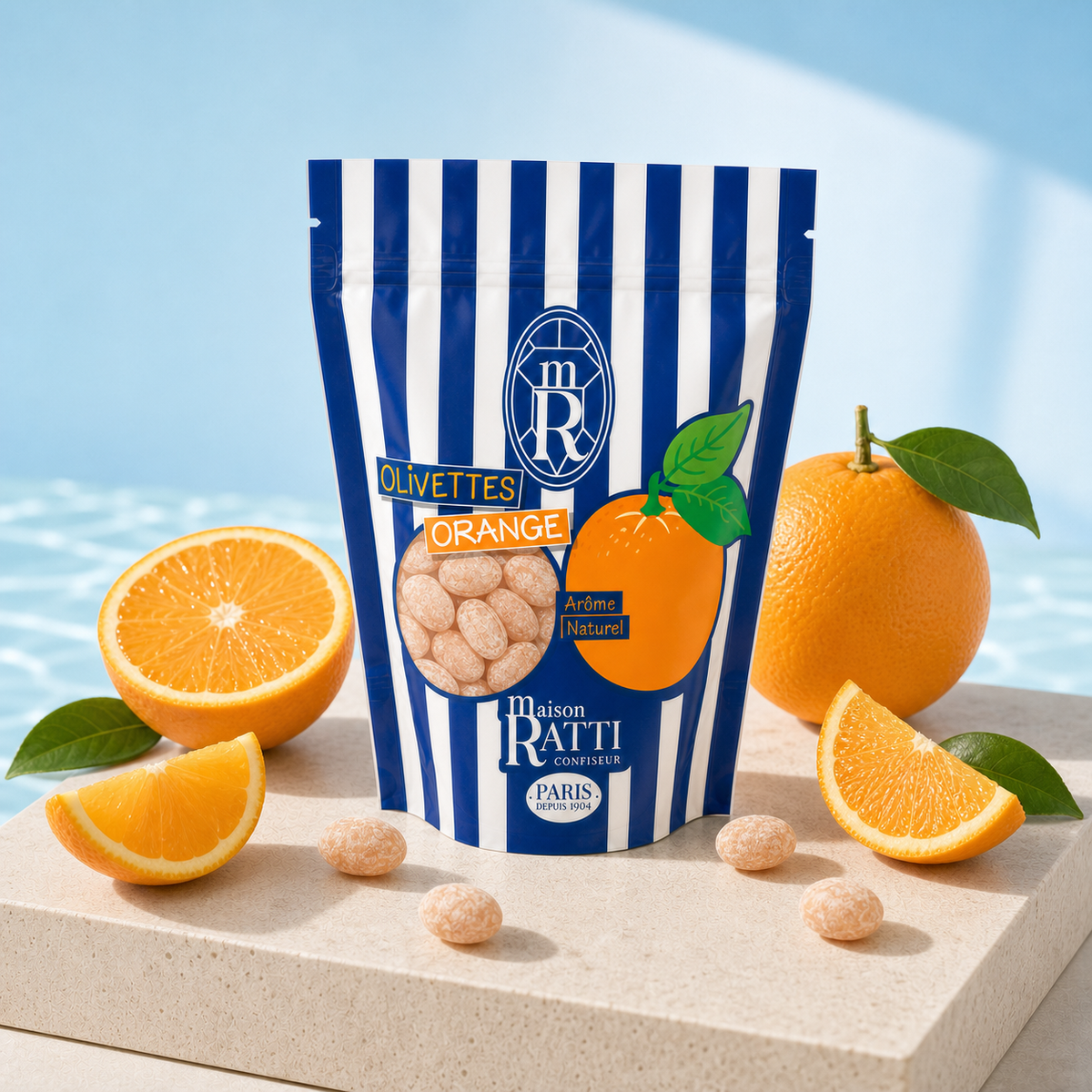 Olivette orange de Maison Ratti, en scène sur socle lumineux