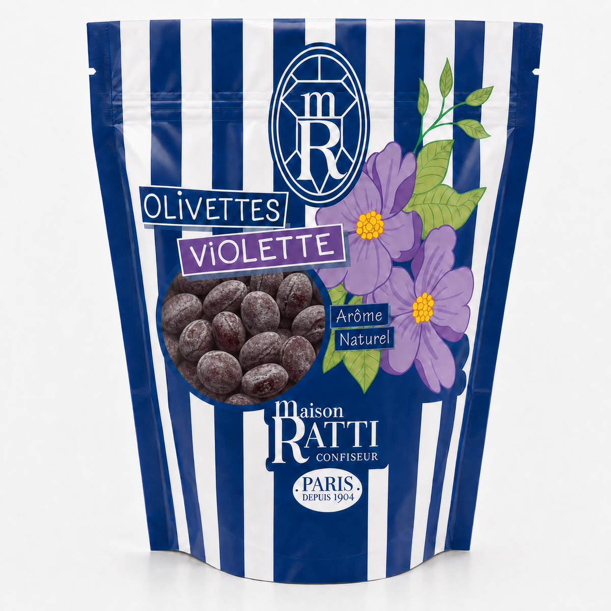Olivette violette de Maison Ratti, gros plan sur la fenêtre du sachet
