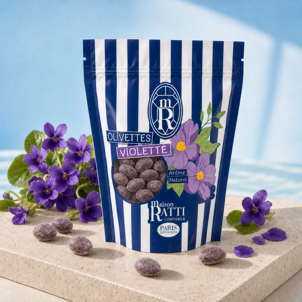 Olivette violette de Maison Ratti, en scène sur socle lumineux