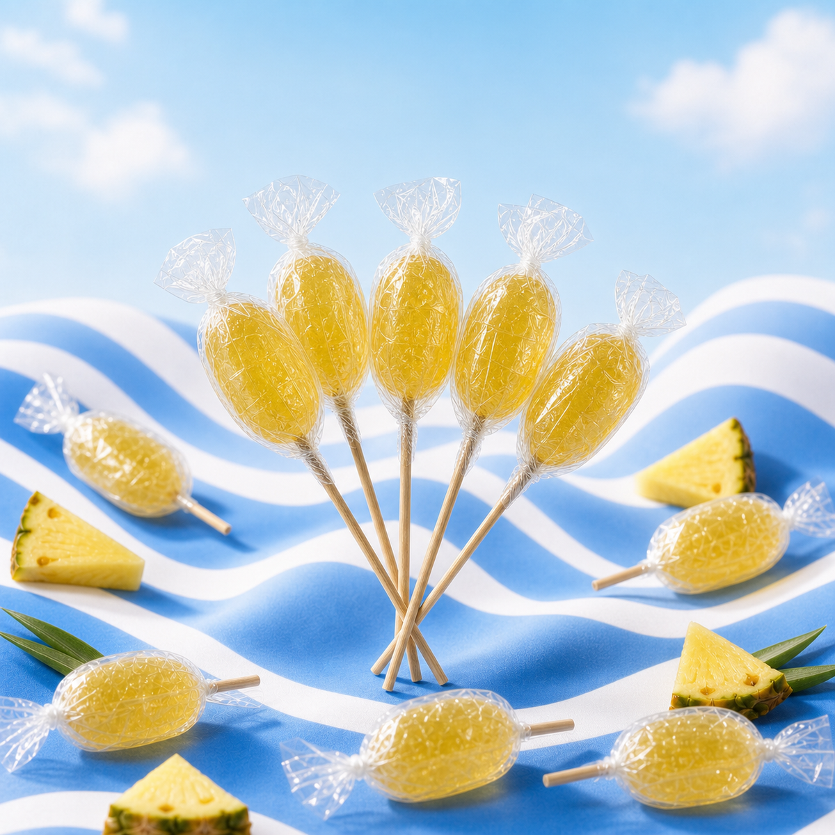 Sucette ananas de Maison Ratti, en scène sur fond bleu