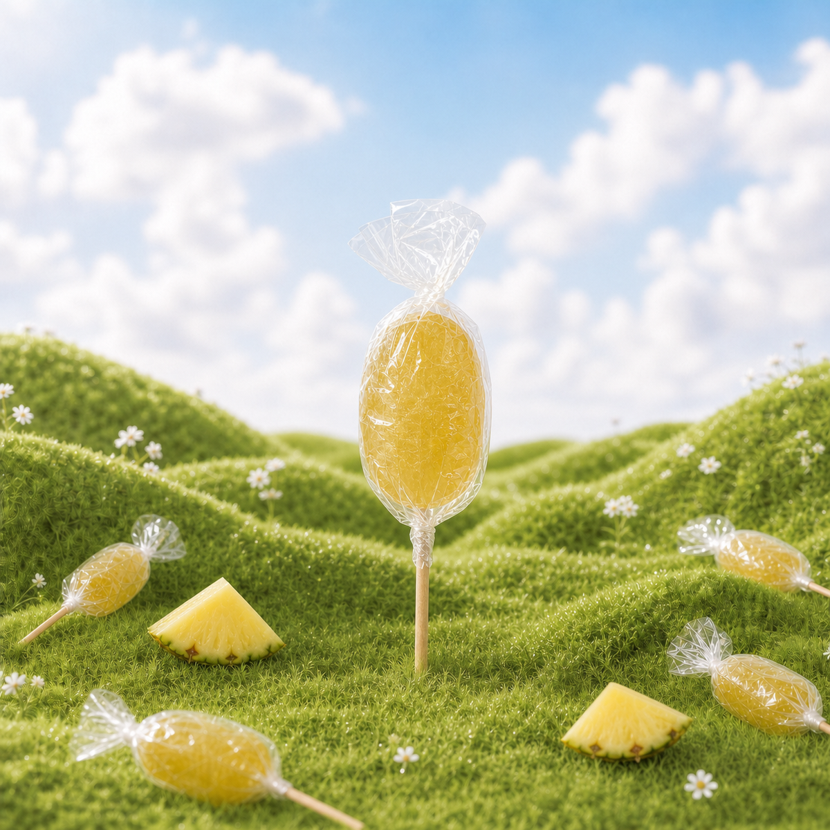 Sucette ananas de Maison Ratti, en scène sur fond naturel