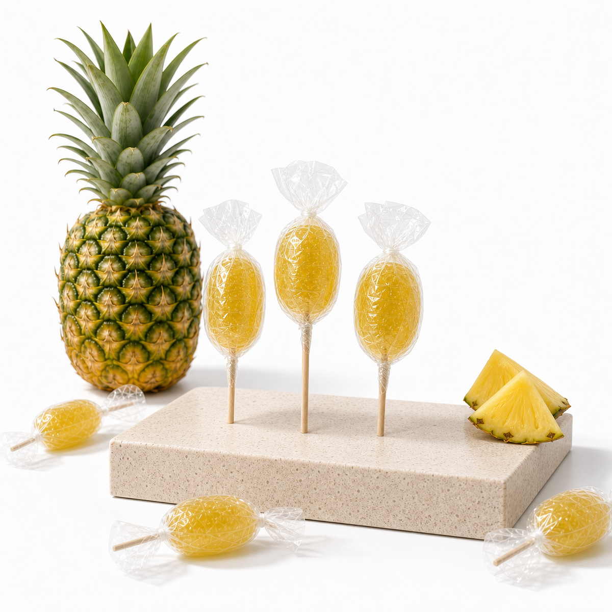 Sucette ananas de Maison Ratti, en scène sur socle lumineux