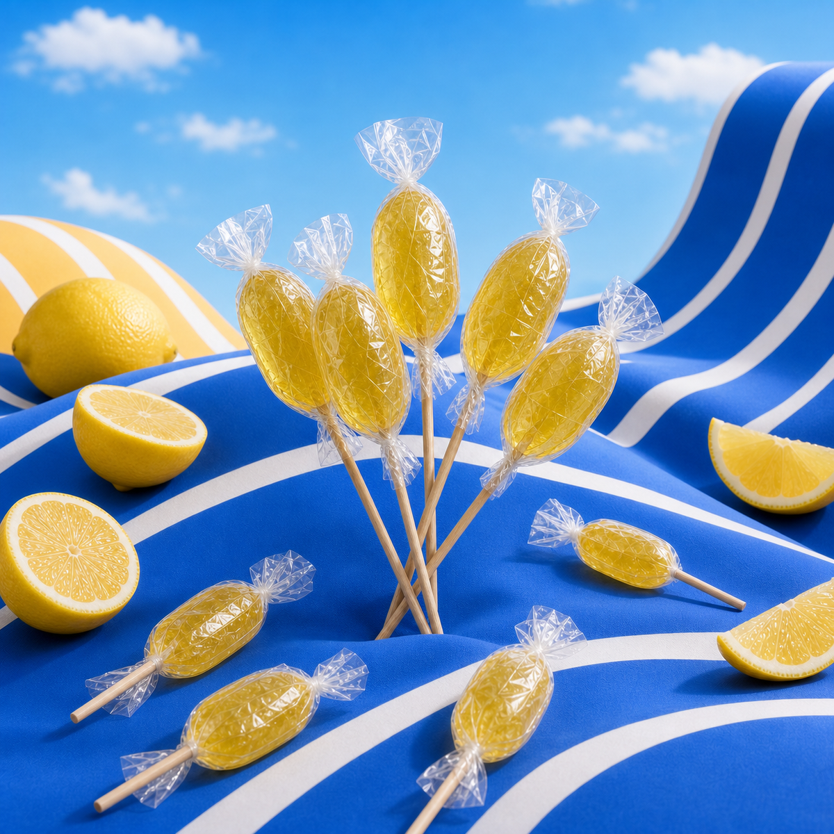 Sucette citron de Maison Ratti, en scène sur fond bleu