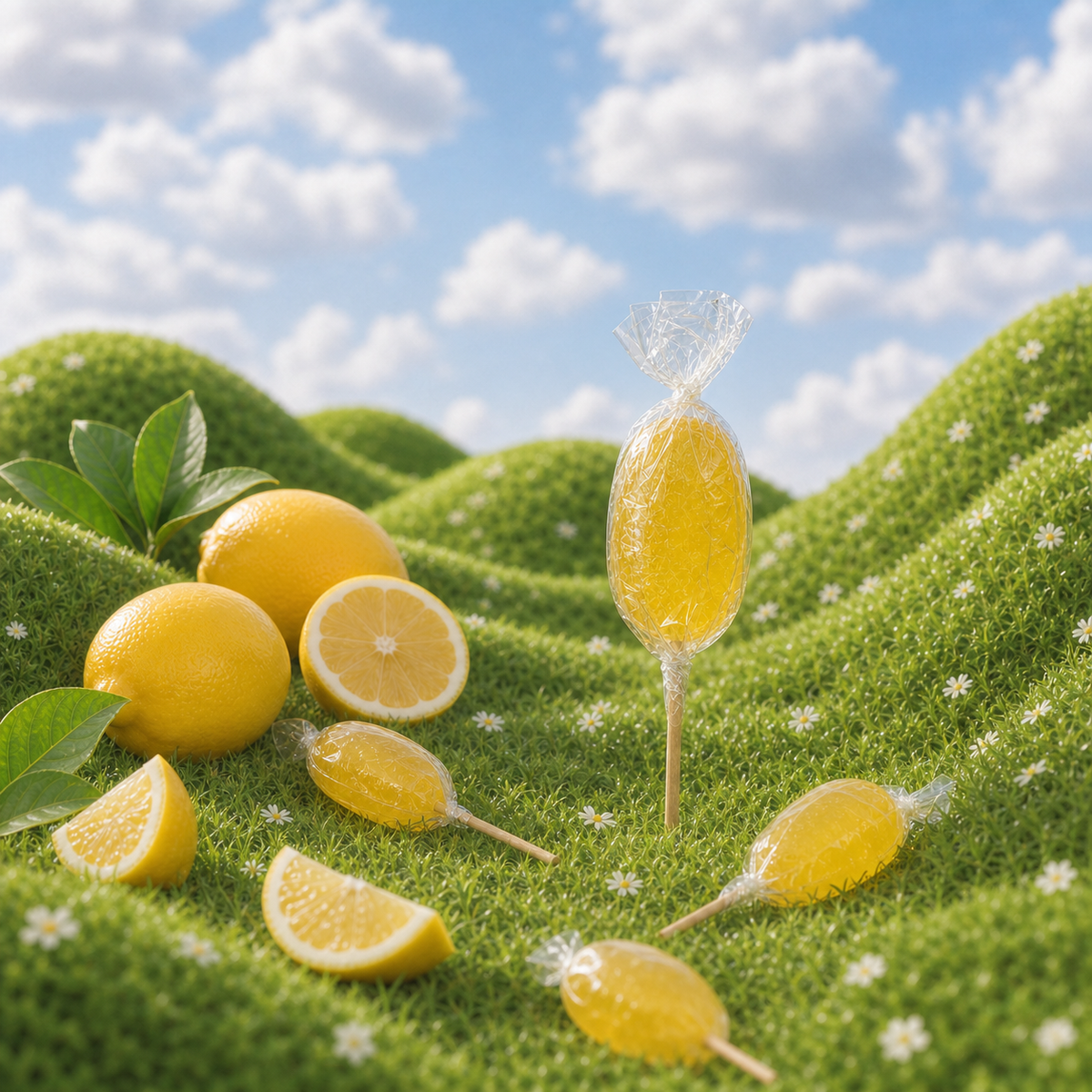 Sucette citron de Maison Ratti, en scène sur fond naturel