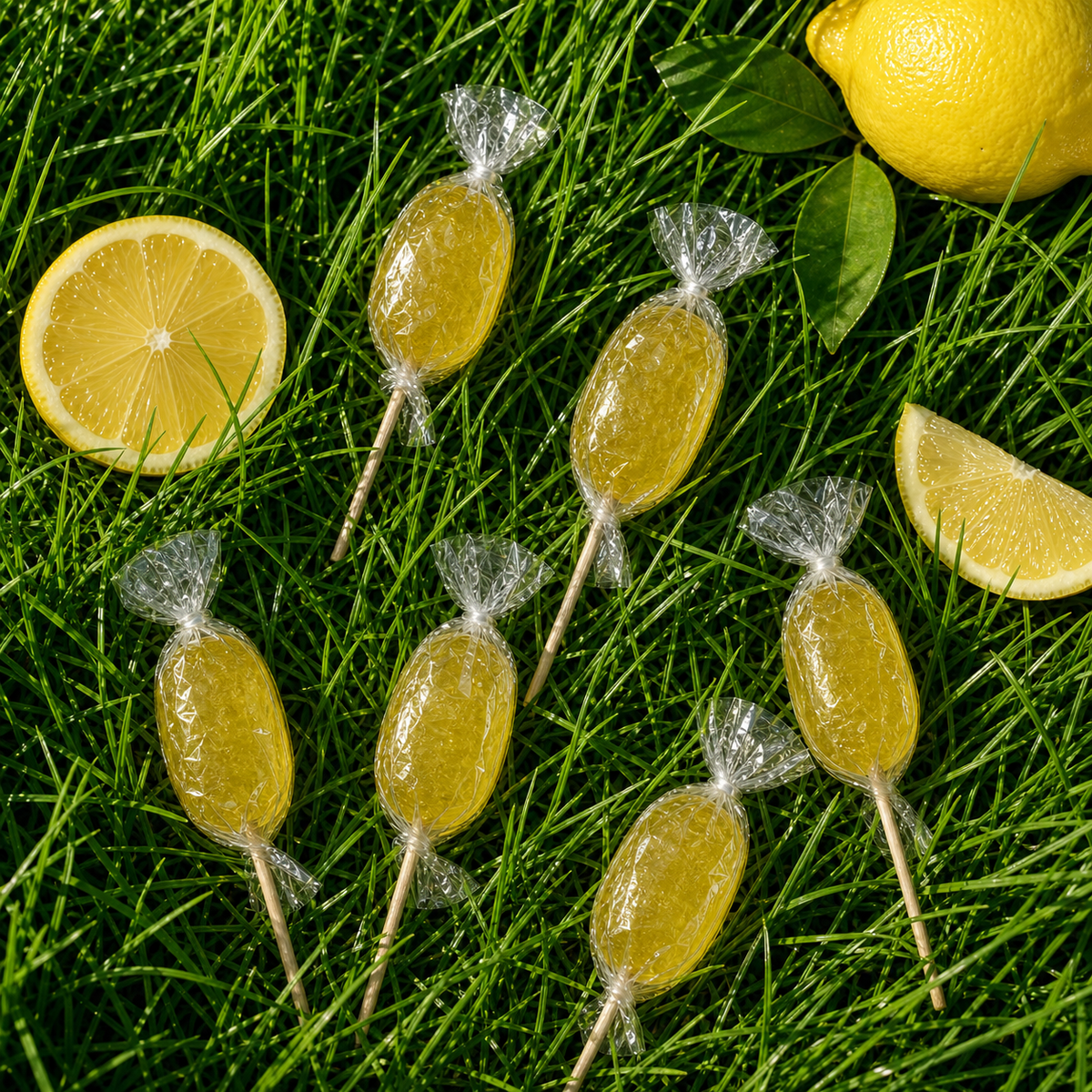 Sucette citron de Maison Ratti, en scène, vue de dessus