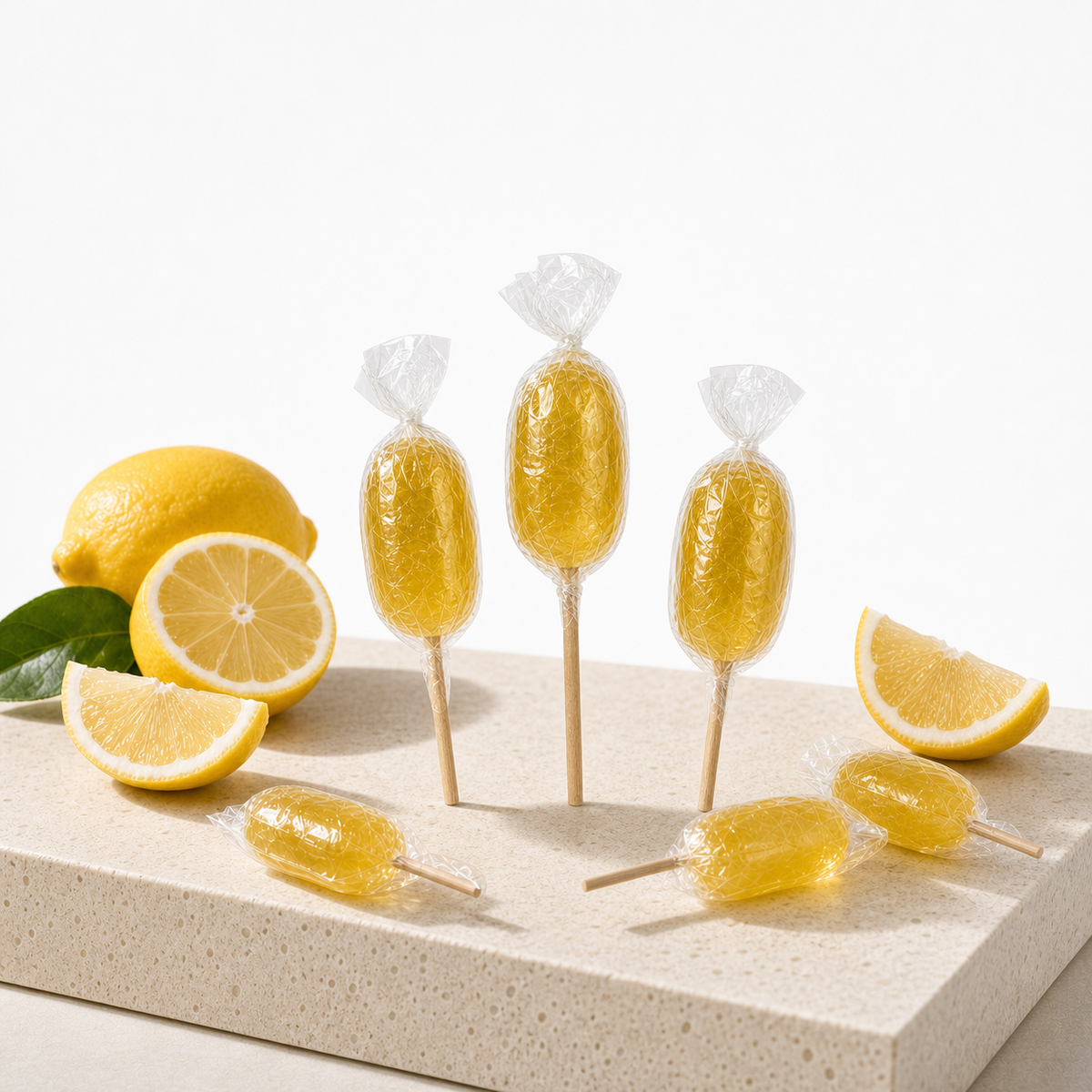 Sucette citron de Maison Ratti, en scène sur socle lumineux
