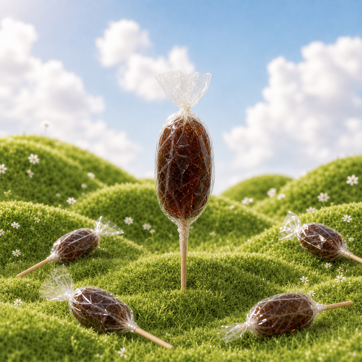 Sucette cola de Maison Ratti, en scène sur fond naturel