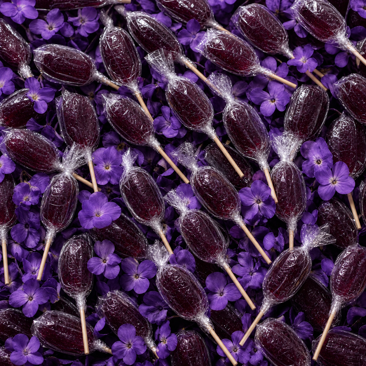 Sucette violette de Maison Ratti, avec ses ingrédients