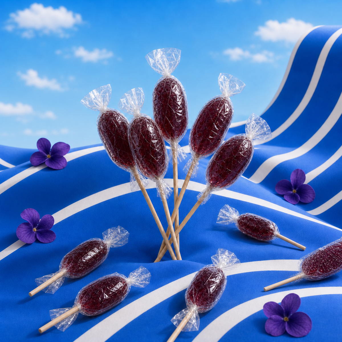 Sucette violette de Maison Ratti, en scène sur fond bleu