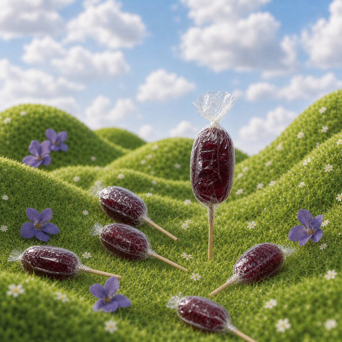 Sucette violette de Maison Ratti, en scène sur fond naturel