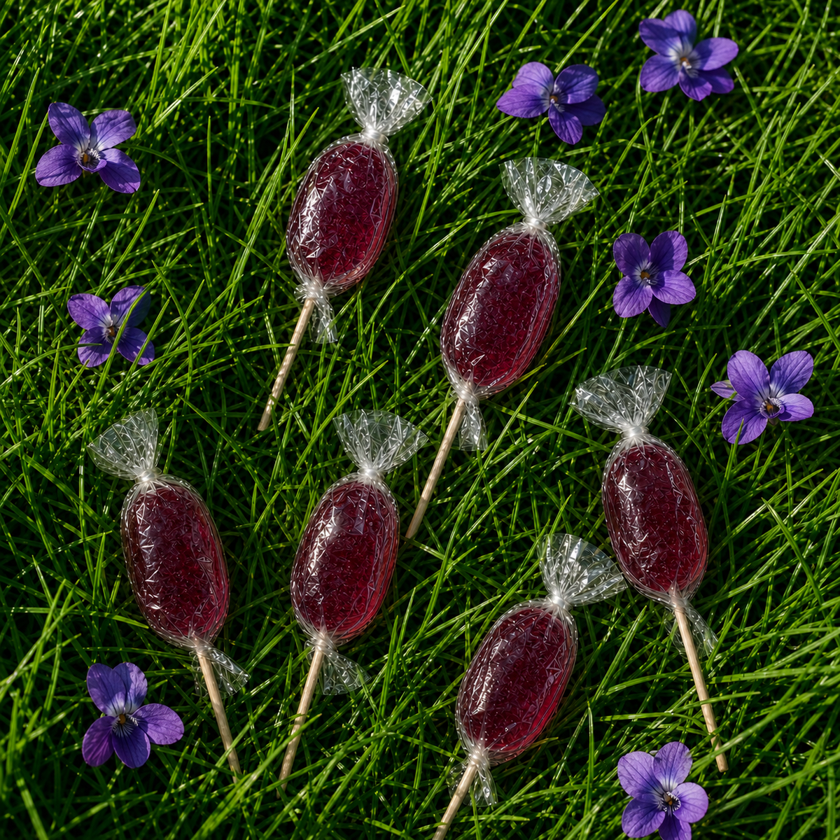 Sucette violette de Maison Ratti, en scène, vue de dessus