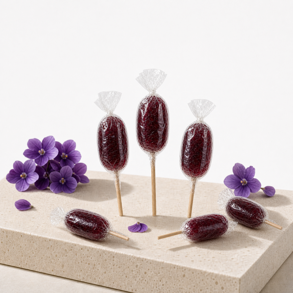 Sucette violette de Maison Ratti, en scène sur socle lumineux