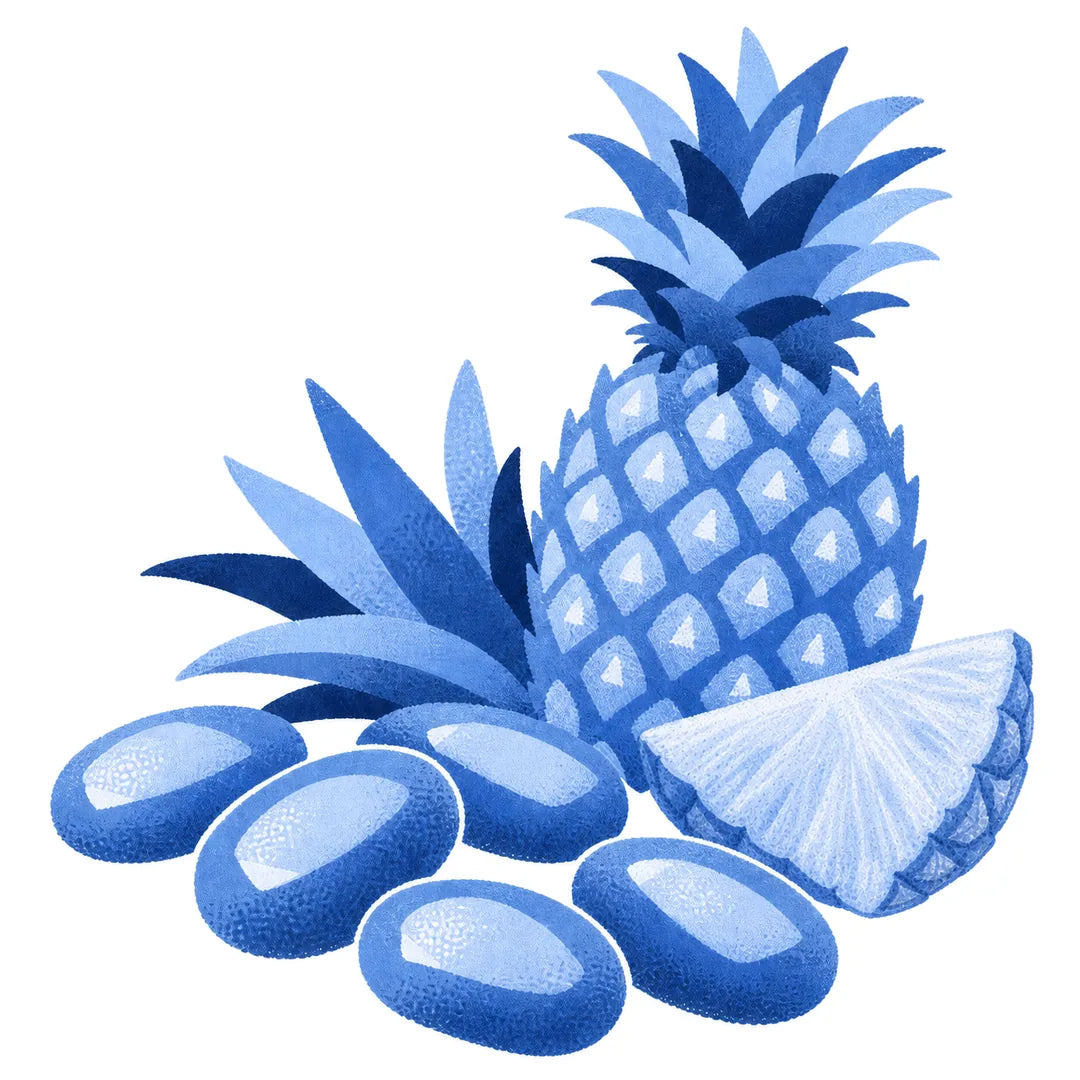 Illustration d’un ananas, de sa tranche et de bonbons cuits Maison Ratti