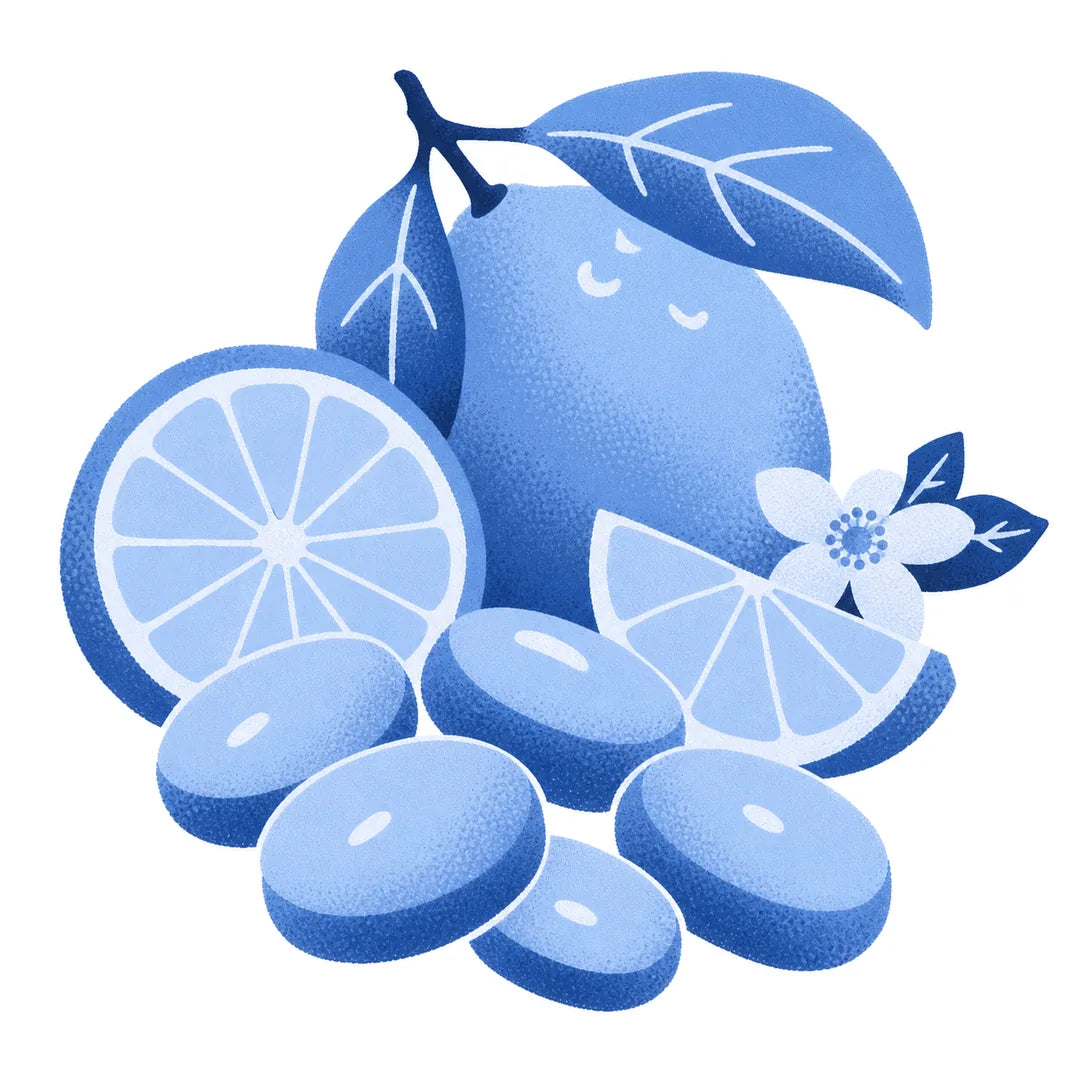 Illustration d’un citron, de ses tranches et de bonbons cuits Maison Ratti